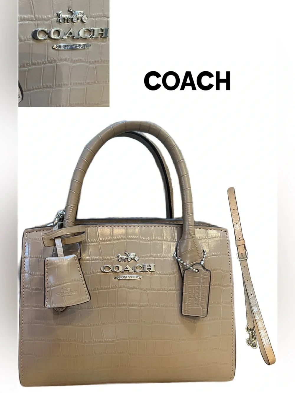 COACH Croc-Embossed Leather Andrea Mini Carryall in a tan colorway